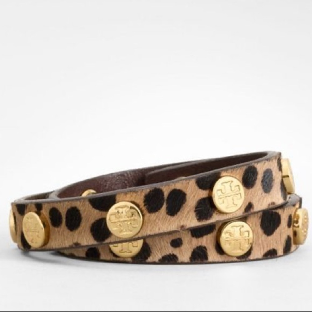 ✨NWOT TORY BURCH Authentic Leopard Double Wrap Logo Stud Bracelet